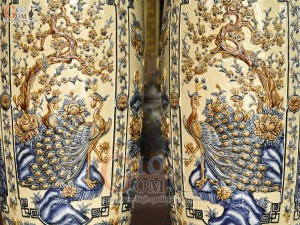 Đôi lộc bình men hoàng tộc đắp nổi tứ cảnh Phúc Đức, cao 1m6