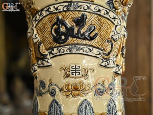 Đôi lộc bình men hoàng tộc đắp nổi tứ cảnh Phúc Đức, cao 1m6