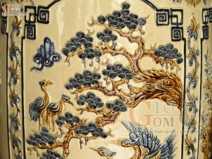 Đôi lộc bình men hoàng tộc đắp nổi tứ cảnh Phúc Đức, cao 1m6