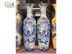 Đôi lộc bình men lam cổ vẽ Cá Chép Hóa Rồng, cao 1m75