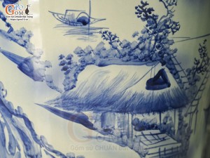 Đôi lộc bình men lam cổ vẽ cảnh Sơn Thủy Hữu Tình, cao 1m40