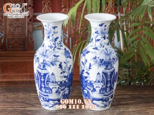 Đôi lộc bình men lam cổ vẽ Cổ Đồ Phú Quý cao 50cm