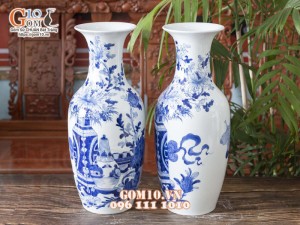 Đôi lộc bình men lam cổ vẽ Cổ Đồ Phú Quý cao 50cm