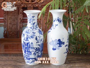 Đôi lộc bình men lam cổ vẽ Cổ Đồ Phú Quý cao 50cm