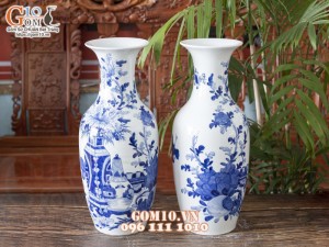 Đôi lộc bình men lam cổ vẽ Cổ Đồ Phú Quý cao 50cm