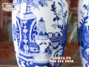 Đôi lộc bình men lam cổ vẽ Cổ Đồ Phú Quý cao 50cm