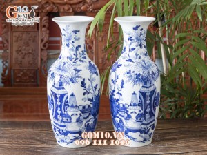 Đôi lộc bình men lam cổ vẽ Cổ Đồ Phú Quý cao 60cm