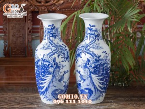 Đôi lộc bình men lam cổ vẽ Công Danh Phú Quý cao 60cm