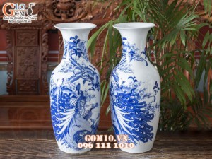 Đôi lộc bình men lam cổ vẽ Công Danh Phú Quý cao 60cm