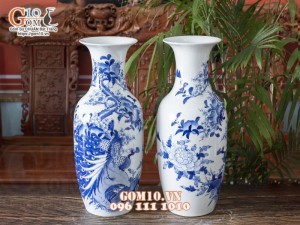 Đôi lộc bình men lam cổ vẽ Công Danh Phú Quý cao 60cm