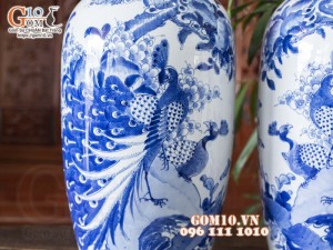 Đôi lộc bình men lam cổ vẽ Công Danh Phú Quý cao 60cm