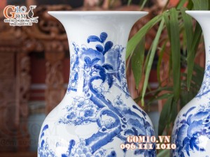 Đôi lộc bình men lam cổ vẽ Công Danh Phú Quý cao 60cm