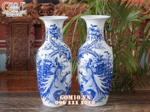 Đôi lộc bình men lam cổ vẽ Công Danh Phú Quý cao 60cm