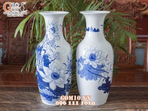 Đôi lộc bình men lam cổ vẽ Hoa sen cao 50cm