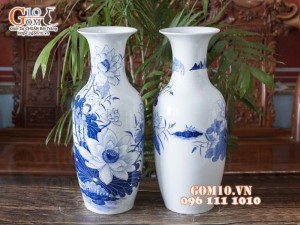 Đôi lộc bình men lam cổ vẽ Hoa sen cao 50cm
