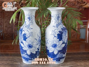 Đôi lộc bình men lam cổ vẽ Hoa sen cao 60cm