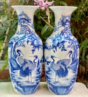 Đôi lộc bình men lam cổ vẽ Phú Quý Trường Thọ - cao 60cm