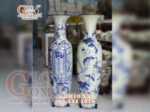 Đôi lộc bình men lam cổ vẽ Phúc - Đức hàng vẽ kĩ 155cm (cả chân kê)