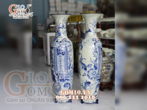 Đôi lộc bình men lam cổ vẽ Phúc - Đức hàng vẽ kĩ 155cm (cả chân kê)