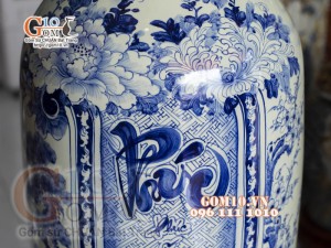 Đôi lộc bình men lam cổ vẽ Phúc - Đức hàng vẽ kĩ 155cm (cả chân kê)