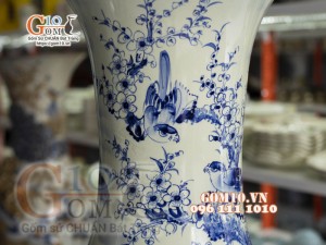 Đôi lộc bình men lam cổ vẽ Phúc - Đức hàng vẽ kĩ 155cm (cả chân kê)