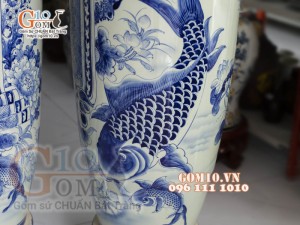 Đôi lộc bình men lam cổ vẽ Phúc - Đức hàng vẽ kĩ 155cm (cả chân kê)