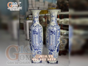 Đôi lộc bình men lam cổ vẽ Phúc - Đức hàng vẽ kĩ 155cm (cả chân kê)