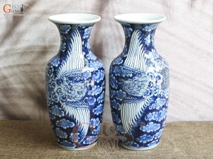 Đôi lộc bình men lam cổ vẽ Phượng băng, cao 33cm