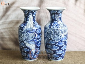 Đôi lộc bình men lam cổ vẽ Phượng băng, cao 33cm