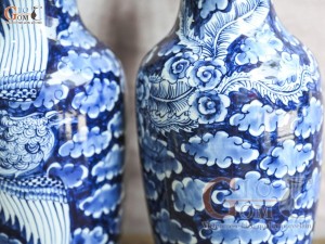 Đôi lộc bình men lam cổ vẽ Phượng băng, cao 33cm