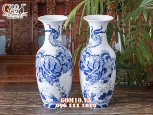 Đôi lộc bình men lam cổ vẽ Rồng cuốn Thủy cao 50cm