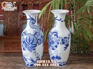 Đôi lộc bình men lam cổ vẽ Rồng cuốn Thủy cao 50cm