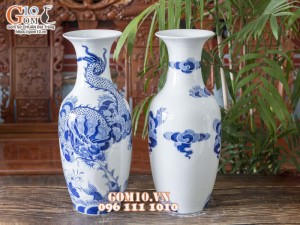 Đôi lộc bình men lam cổ vẽ Rồng cuốn Thủy cao 50cm