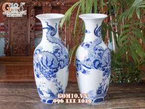 Đôi lộc bình men lam cổ vẽ Rồng cuốn Thủy cao 50cm