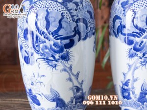 Đôi lộc bình men lam cổ vẽ Rồng cuốn Thủy cao 50cm