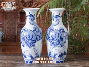 Đôi lộc bình men lam cổ vẽ Rồng cuốn Thủy cao 60cm 