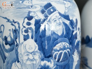 Đôi lộc bình men lam cổ vẽ Tam Đa cao 42cm