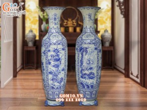 Đôi lộc bình men lam cổ vẽ Tứ Linh, cao 1m75