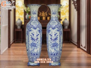 Đôi lộc bình men lam cổ vẽ Tứ Linh, cao 1m75