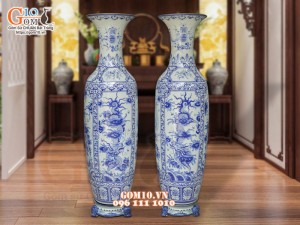 Đôi lộc bình men lam cổ vẽ Tứ Linh, cao 1m75