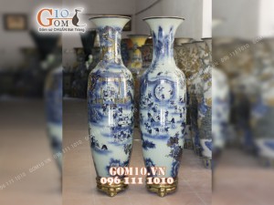 Đôi lộc bình men lam họa tiết Bách Nhi Bách Phúc, cao 1m4 - vẽ Vàng 24k