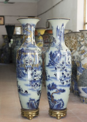 Đôi lộc bình men lam họa tiết Bách Nhi Bách Phúc, cao 1m4 - vẽ Vàng 24k