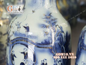 Đôi lộc bình men lam họa tiết Bách Nhi Bách Phúc, cao 1m4 - vẽ Vàng 24k