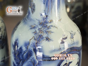 Đôi lộc bình men lam họa tiết Bách Nhi Bách Phúc, cao 1m4 - vẽ Vàng 24k