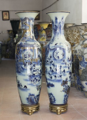 Đôi lộc bình men lam họa tiết Bách Nhi Bách Phúc, cao 1m4 - vẽ Vàng 24k