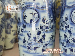 Đôi lộc bình men lam họa tiết Bách Nhi Bách Phúc, cao 1m4 - vẽ Vàng 24k