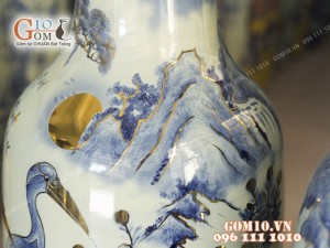 Đôi lộc bình men lam họa tiết Công Tùng, cao 1m4 - vẽ Vàng 24k