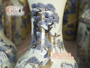 Đôi lộc bình men lam họa tiết Công Tùng, cao 1m4 - vẽ Vàng 24k