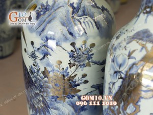 Đôi lộc bình men lam họa tiết Công Tùng, cao 1m4 - vẽ Vàng 24k