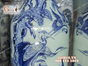 Đôi Lộc bình men lam hoạ tiết nổi Tùng Hạc 1m55 (Cả chân kê)